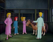 Nächtliche Lagebesprechung bei dem Knuddelpony im Stall: Frau Martin (l.), Tina (2.v.l.), Bibi (3.v.l.) und Holger (r.).