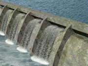 3d render of a water dam with flowing water.