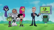 v.li.: Raven, Beast Boy, Cyborg, Robin, Starfire, Lex Luthor