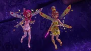 Mia (l.) und Yuko (r.) fliegen durch die fliederfarbene Grotte und suchen nach einer neuen Zutat für den rettenden "Trank der Einheit".
