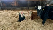 Conny Böttger (48) im Stall in Börnchen bei Glashütte mit zwei geretteten Kühen (links Bella, ihre erste gerettete Kuh und rechts Celsius, eines der jüngsten geretteten Tiere auf dem Gut)