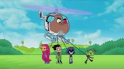 Oben: Cyborg. Unten, v.li.: Starfire, Robin, Raven, Beast Boy.