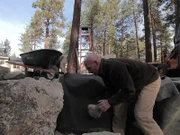 Ed Beaulieu placing stones at the Strittmatter build in Wrightwood, CA. The guys have mapped out a massive 30-foot stream, made up of cascading waterfalls and spawning pools, emptying into a large base pond.