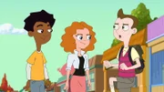 L-R: Zack Underwood (voiced by Mekai Curtis), Melissa Chase (Sabrina Carpenter), Milo Murphy ('Weird Al' Yankovic)