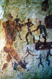 (GERMANY OUT) Suedafrika, Underberg, Ort im Distrikt Sisonke, KwaZulu-Natal, Drakensberge: Buschm?nnermalereien, an den W?nden der H?hlen, Sampainting, Buschmanpainting   (Photo by Markus Matzel/ullstein bild via Getty Images)