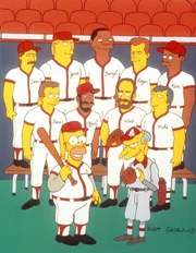 Die betriebseigene Baseballmannschaft von Mr. Burns (vorne r.) tritt im Städtewettkampf an. In der Regel ist diese Mannschaft nicht besonders erfolgreich. Diesmal aber tritt Homer (vorne l.) mit einem selbst gebastelten Schläger an ...
