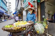 Ein Straßenverkäufer mit süßen Ananas in der Altstadt von Hanoi.