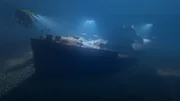 The remains of British passenger steamship, RMS City of Chester, rest of the sea floor lit by multiple underwater ROV's. (Mallinson Sadler Productions)