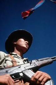 Ein nordvietnamesischer Soldat unter der Flagge des Viet Cong