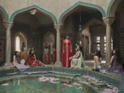 Mara (Franciska Törösik, kniend) bereitet unter Aufsicht von Aliya (Judit Pechácek, dahinter) eine neu eingetroffene junge Frau (Panka Kovács, M.) auf ihre Rolle in Murads Harem vor.