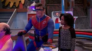L-R: Schwoz (Michael D. Cohen), Captain Man / Ray Manchester (Cooper Barnes), Charlotte Page (Riele Downs)