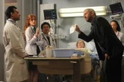 HOUSE -- "Brave Heart" Episode 606 -- Pictured: (l-r) Sanjay Madhav as Singh, Samantha Colburn as Marta, Marcus Toji as Dex, Judith Morton Fraser as Janice, Hugh Laurie as Dr. Gregory House, Briana Venskus as Nona -- NBC Photo: Michael Yarish