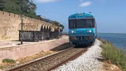 Die Einfahrt in Faro: der Zug fährt dicht an der Lagune entlang. Auf der anderen Seite die Stadtmauer der Altstadt.