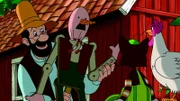 Pettersson zeigt Findus und der Henne Prillan seine Vogelscheuche.