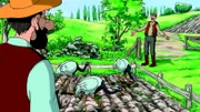 Weder Pettersson, l.) noch Nachbar Gustavsson, r.) können verhindern, dass die Kraniche die Kartoffelpflanzen aus dem Beet picken.