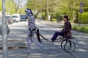 Das Zebra (Klaus, Informatiker) zieht den Rabiat-Reporter Manuel Möglich auf einem Sulky durch Hamburg Altona.
