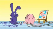 Hase und Elefant malen ein ganz buntes Bild.