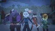 Usagi (2.v.l.) trifft vor dem Tempel auf sein Team: Gen (l.), Chizu (2.v.r.) und Kitsune (r.). Der trainierte Usagi kann seinen Freunden beim Kampf gegen Lady Fuwa und den Ninjas helfen.