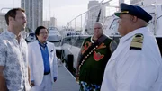 On left: Alex O''Loughlin, Masi Oka, Shawn Mokuahi Garnett (Flippa/ Shawn Tupuola) and on right Taylor Wily (Kamekona)