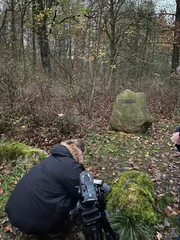 Ein nachträglich in den Wald gestellter Stein mit der Plakette "Carinhall" erinnert an das damalige Anwesen von Hermann Göring.