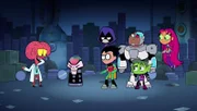 v.li.: The Lobe, The Brain, Raven, Robin, Cyborg, Beast Boy, Starfire