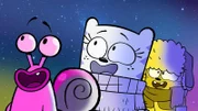 Ollie, Moon und Stanley freuen sich über die beleuchteten Eisskulpturen.