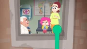 Dr. Fabert (li.) hat Rebecca untersucht und festgestellt, dass sie eine Erkältung hat. Sie soll eine Woche zu Hause bleiben und viele Bananen essen. Rebeccas Mama macht sich Sorgen um ihre Tochter.