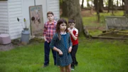 Ivy Fischer (Child Patty), Sabatino Cruz (Child Gene) and Cooper Carrell (Child Ron) in backyard scene