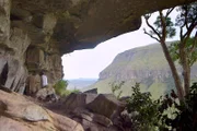 Peter Eeckhout (re.) begleitet Pieter Jolly (li.) zu einer besonders schwer zugänglichen San-Felszeichnung 150 Kilometer nordwestlich des Drakensberg-Parks. Seit 20 Jahren erforscht der Archäologe an der Universität Kapstadt die Mischwesen auf den Felse