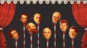Die Köpfe von Ronald Reagan, JFK, Franklin Roosevelt, Warren G. Harding, William McKinley, James Garfield, Abraham Lincoln und William Harrison sind Zielscheiben auf einer Kokosnuss.