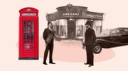 A conman stands by a British red telephone box and jewelry shop with a policeman. (Curiosity Stream/Mary Evans Picture Library)