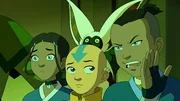L-R: Katara, Aang, Momo, Sokka
