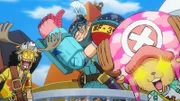 Vorne, l-r: Usopp, Franky, Tony Tony Chopper