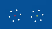 Two stars against a blue background with circling dots.