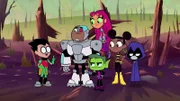 v.li.: Robin, Cyborg, Beast Boy, Starfire, Bumblebee, Raven