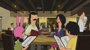 Tina launches a babysitting enterprise and it is quickly derailed by her nemesis, Tammy (guest voice Jenny Slate). Meanwhile, Bob and Linda check out heir competition at a restaurant in the "Sit Me Baby One More Time" episode of Bob's Burgers. Pictured, l-r: Louise, Bob, Linda, Gene.