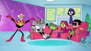 v.li.: Brother Blood, Cyborg, Beast Boy, Starfire, Raven, Robin