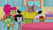 Beast Boy (l.), Starfire (2.v.l.), Raven (m.), Cyborg (2.v.r.)