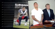 Aaron Hernandez auf dem Footballfeld, 2012, und in Handschellen bei seiner Verhandlung 2013.
