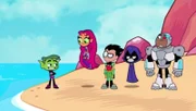 v.li.: Beast Boy, Starfire, Robin, Raven, Cyborg