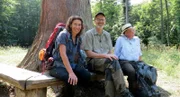 Das Ziel ist ein Baum mit Migrationshintergrund: V.li. Adele Neuhauser, Peter Wohlleben und Denis Scheck vor einem beeindruckenden Mammutbaum im Naturpark Schönbuch.