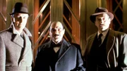 v.l.n.r. Captain Hastings (Hugh Fraser), Poirot (David Suchet) und Inspector Japp (Philip Jackson).