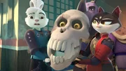 Usagi (links), Gen (hinten) und Chizu (rechts) sind erleichtert, denn sie konnten das Skelett-Yokai O-Dokuro im Zaum halten. Der bewegliche Kopf des Skelettes, der sprechen kann, wird ihnen nicht gefährlich werden.