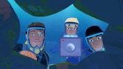 Yann und Auru sind mit dem berühmten Dokumentarfilmer John Shark auf Unterwasser-Expedition und schauen gerade in eine Höhle.