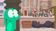Ernest (l.) hat sich hinter einer Laterne versteckt. Er ist die Ursache für all die Erkälteten in der Stadt und befürchtet, entdeckt zu werden.