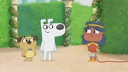 In einem verwirrenden Labyrinth begegnen Dog und Puck Tessi, die die beiden herausführen will.