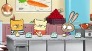 Der Hase knetet mit den schlecht gelaunten Ollie und Moon Teig.