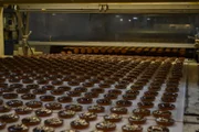 Jaffa cakes factory, rows of finished Jaffa cakes.
