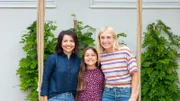 Host Jasmine Roth and homeowner Helen Morales and daughter Zoey in front of their newly renovated home, as seen on HGTV's Hidden Potential.