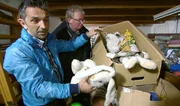 Trödelprofi Mauro Corradino (li.) kann es nicht fassen, wie vollgestopft die Lagerhalle von Rolf (re.) und Sabine ist